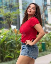 Stylish Mona Lisa Legs in a Red Crochet Crop Top and Denim Mini Skirt Photos 02