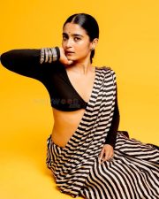 3BHK Actress Chaithra J Achar in a Striped Black and White Saree with a Deep Cut Long Sleeve Blouse Photos 04