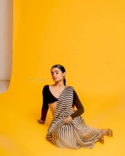 3BHK Actress Chaithra J Achar in a Striped Black and White Saree with a Deep Cut Long Sleeve Blouse Photos 06