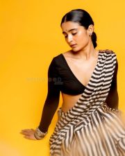 3BHK Actress Chaithra J Achar in a Striped Black and White Saree with a Deep Cut Long Sleeve Blouse Photos 08