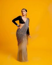 3BHK Actress Chaithra J Achar in a Striped Black and White Saree with a Deep Cut Long Sleeve Blouse Photos 09