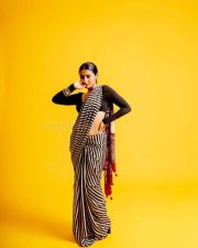 3BHK Actress Chaithra J Achar in a Striped Black and White Saree with a Deep Cut Long Sleeve Blouse Photos 10
