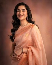 Beautiful Rukmini Vasanth in a Peach Organza Saree with a Matching High Neck Blouse Pictures 02