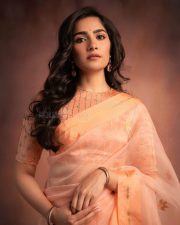 Beautiful Rukmini Vasanth in a Peach Organza Saree with a Matching High Neck Blouse Pictures 04