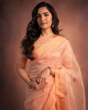 Beautiful Rukmini Vasanth in a Peach Organza Saree with a Matching High Neck Blouse Pictures 05