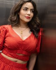 Dil Buffering Actress Aanchal Munjal in a Red Cropped Top with Deep Cleavage and Matching Skirt Pictures 03