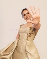 Elegant Actress Rukmini Vasanth in a Gold Embroidered Corset Gown Photos 02