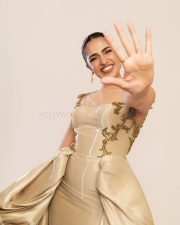 Elegant Actress Rukmini Vasanth in a Gold Embroidered Corset Gown Photos 02