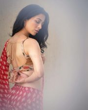 Enchanting Actress Afreen Alvi in a Red Ikat Print Saree Photos 06