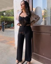 Gorgeous Aanchal Munjal in a Black Corset Lace Crop Top and Black Pants Photos 01