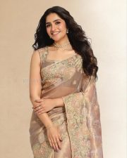 Kantara Chapter 1 Actress Rukmini Vasanth in a Beige Semi Transparent Silk Saree with Sleeveless V Neck Blouse Photos 02 Kantara Chapter 1 Actress Rukmini Vasanth in a Beige Semi Transparent Silk Saree with Sleeveless V Neck Blouse Photos 02