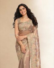 Kantara Chapter 1 Actress Rukmini Vasanth in a Beige Semi Transparent Silk Saree with Sleeveless V Neck Blouse Photos 03 Kantara Chapter 1 Actress Rukmini Vasanth in a Beige Semi Transparent Silk Saree with Sleeveless V Neck Blouse Photos 03