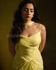 Luminous Actress Rukmini Vasanth in a Yellow Pleated Saree with Spaghetti Strap Blouse Photos 02