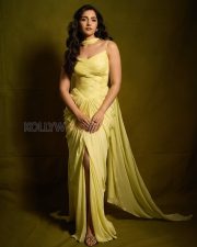 Luminous Actress Rukmini Vasanth in a Yellow Pleated Saree with Spaghetti Strap Blouse Photos 03