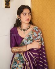 Most Admired Actress Rukmini Vasanth in a Purple Saree with Floral Printed Pallu Photos 01