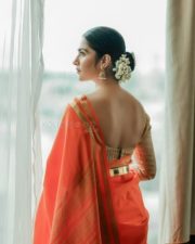 Radiant Actress Rukhmini Vasanth in a Orange Silk Saree Photos 01 Radiant Actress Rukhmini Vasanth in a Orange Silk Saree Photos 01