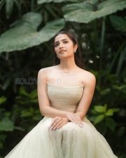 Refined Actress Rukmini Vasanth in a Cream Strapless Tulle Gown Photos 04