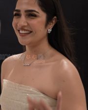 Refined Actress Rukmini Vasanth in a Cream Strapless Tulle Gown Photos 07