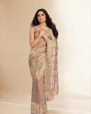 Rising Style Icon Rukmini Vasanth in a Beige Sheer Saree with Matching Sleeveless Blouse Pictures 09