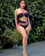 Sexy Aanchal Munjal in a Black Cut Out Floral Monokini Photos 03 Sexy Aanchal Munjal in a Black Cut Out Floral Monokini Photos 03
