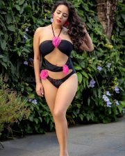 Sexy Aanchal Munjal in a Black Cut Out Floral Monokini Photos 06