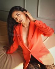 Sexy Afreen Alvi Braless in an Orange Blazer with a Sheer Black Floral Lace Tights Photos 03