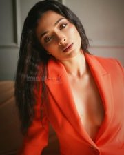 Sexy Afreen Alvi Braless in an Orange Blazer with a Sheer Black Floral Lace Tights Photos 04