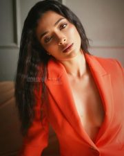 Sexy Afreen Alvi Braless in an Orange Blazer with a Sheer Black Floral Lace Tights Photos 04