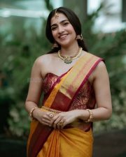 Sexy Kannada Actress Rukmini Vasanth in a Traditional Yellow and Maroon Saree with a Strapless Blouse Pictures 01
