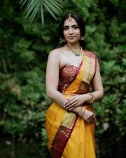 Sexy Kannada Actress Rukmini Vasanth in a Traditional Yellow and Maroon Saree with a Strapless Blouse Pictures 02 Sexy Kannada Actress Rukmini Vasanth in a Traditional Yellow and Maroon Saree with a Strapless Blouse Pictures 02