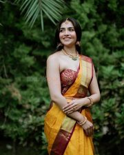 Sexy Kannada Actress Rukmini Vasanth in a Traditional Yellow and Maroon Saree with a Strapless Blouse Pictures 03 Sexy Kannada Actress Rukmini Vasanth in a Traditional Yellow and Maroon Saree with a Strapless Blouse Pictures 03
