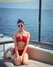 Stunning Afreen Alvi in a Red Two Piece Bikini on a Boat Photos 03