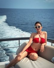 Stunning Afreen Alvi in a Red Two Piece Bikini on a Boat Photos 04