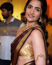 Stunning Rukmini Vasanth in a Maroon and Gold Saree with a Strapless Gold Blouse Pictures 01 Stunning Rukmini Vasanth in a Maroon and Gold Saree with a Strapless Gold Blouse Pictures 01