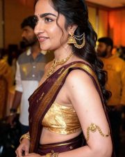 Stunning Rukmini Vasanth in a Maroon and Gold Saree with a Strapless Gold Blouse Pictures 02 Stunning Rukmini Vasanth in a Maroon and Gold Saree with a Strapless Gold Blouse Pictures 02