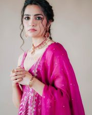Stunning Rukmini Vasanth in a Pink Embroidered Saree with Sleeveless Blouse Photos 01