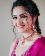 Stunning Rukmini Vasanth in a Pink Embroidered Saree with Sleeveless Blouse Photos 02