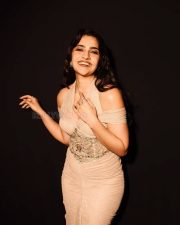 Toxic Actress Rukmini Vasanth in a Beige Gold Draped Gown with an Off Shoulder Draped Sleeves Photos 01