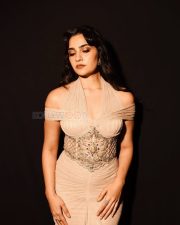 Toxic Actress Rukmini Vasanth in a Beige Gold Draped Gown with an Off Shoulder Draped Sleeves Photos 02