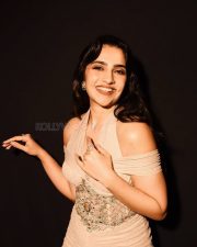 Toxic Actress Rukmini Vasanth in a Beige Gold Draped Gown with an Off Shoulder Draped Sleeves Photos 03