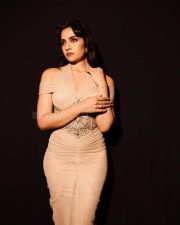 Toxic Actress Rukmini Vasanth in a Beige Gold Draped Gown with an Off Shoulder Draped Sleeves Photos 04