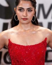 Toxic Actress Rukmini Vasanth in a Red Embroidered Strapless Gown Photos 01