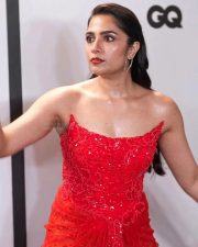 Toxic Actress Rukmini Vasanth in a Red Embroidered Strapless Gown Photos 02