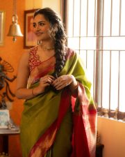 Toxic Actress Rukmini Vasanth in a Traditional Olive Green Kanchipuram Silk Saree with a Sleeveless Red Blouse Photos 01 Toxic Actress Rukmini Vasanth in a Traditional Olive Green Kanchipuram Silk Saree with a Sleeveless Red Blouse Photos 01
