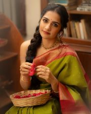 Toxic Actress Rukmini Vasanth in a Traditional Olive Green Kanchipuram Silk Saree with a Sleeveless Red Blouse Photos 02 Toxic Actress Rukmini Vasanth in a Traditional Olive Green Kanchipuram Silk Saree with a Sleeveless Red Blouse Photos 02