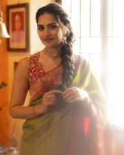 Toxic Actress Rukmini Vasanth in a Traditional Olive Green Kanchipuram Silk Saree with a Sleeveless Red Blouse Photos 03 Toxic Actress Rukmini Vasanth in a Traditional Olive Green Kanchipuram Silk Saree with a Sleeveless Red Blouse Photos 03
