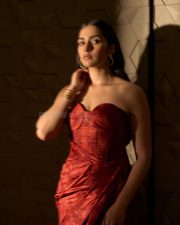 Toxic Heroine Rukmini Vasanth in a Red Strapless Corset Bodice Dress Pictures 02