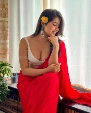 Bold Nikita Sharma Cleavage in a Red Saree with White Blouse Photos 01