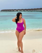Chubby Beauty Nikita Sharma in a Pink One Piece Bikini Swimsuit Photos 03