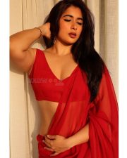Desirable Nikita Sharma in a Red Sheer Saree with a Matching Red Sleeveless Blouse Pictures 01